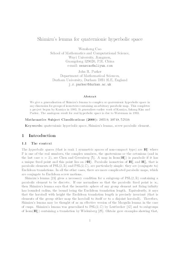 Shimizu’s Lemma for Quaternionic Hyperbolic Space Thumbnail