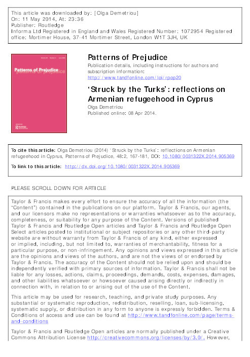 ‘Struck by the Turks’: reflections on Armenian refugeehood in Cyprus Thumbnail