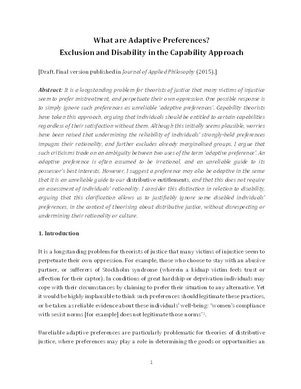 What are Adaptive Preferences? Exclusion and Disability in the Capability Approach Thumbnail