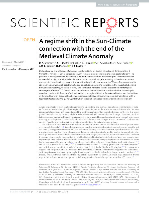 A regime shift in the Sun-Climate connection with the end of the Medieval Climate Anomaly Thumbnail