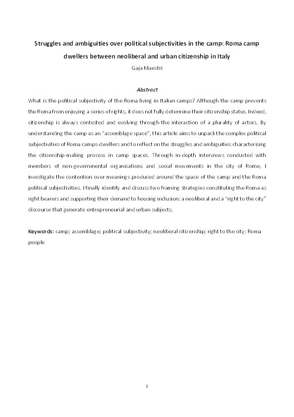 Struggles and ambiguities over political subjectivities in the camp: Roma camp dwellers between neoliberal and urban citizenship in Italy Thumbnail