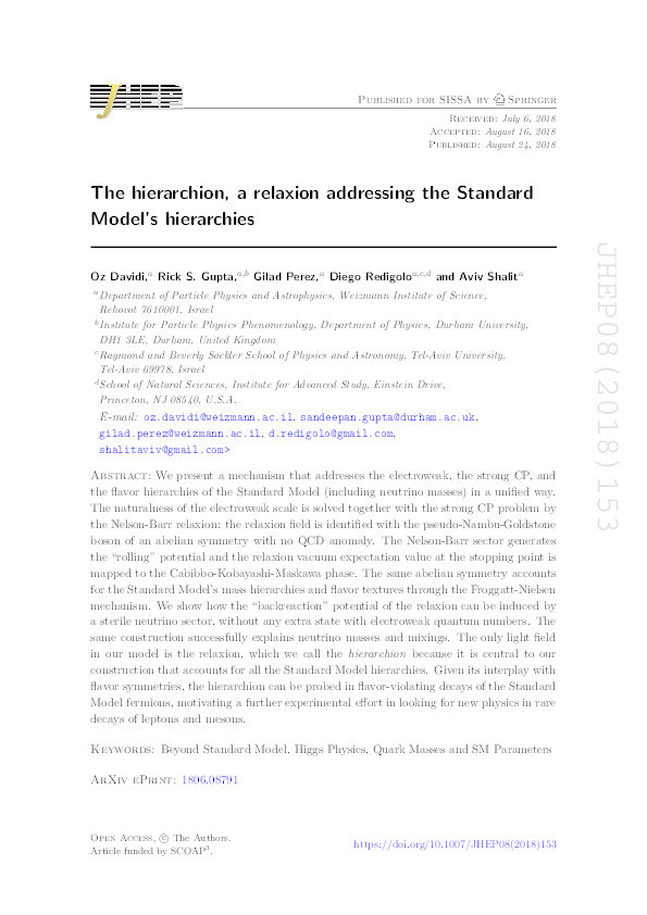 The hierarchion, a relaxion addressing the Standard Model’s hierarchies Thumbnail