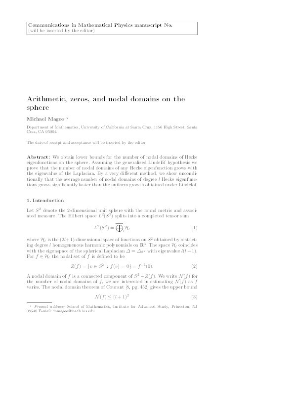 Arithmetic, zeros, and nodal domains on the sphere Thumbnail