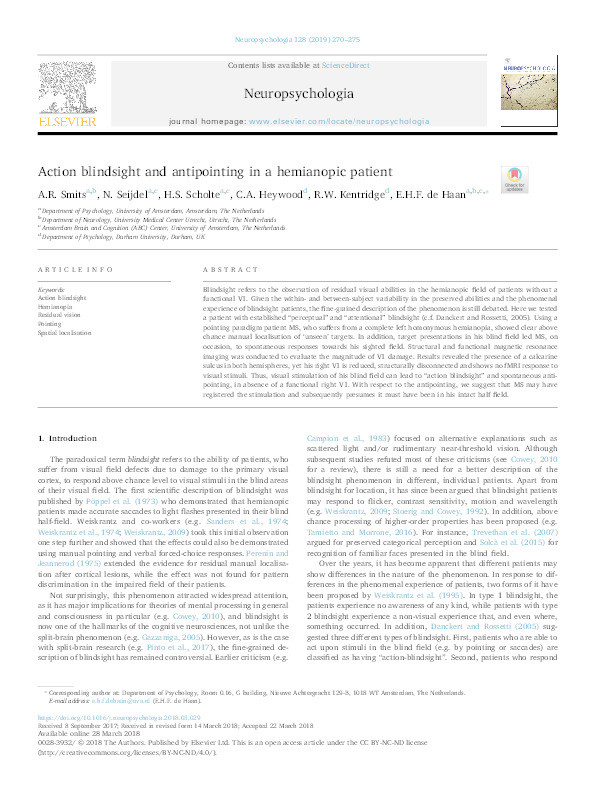 Action blindsight and antipointing in a hemianopic patient Thumbnail