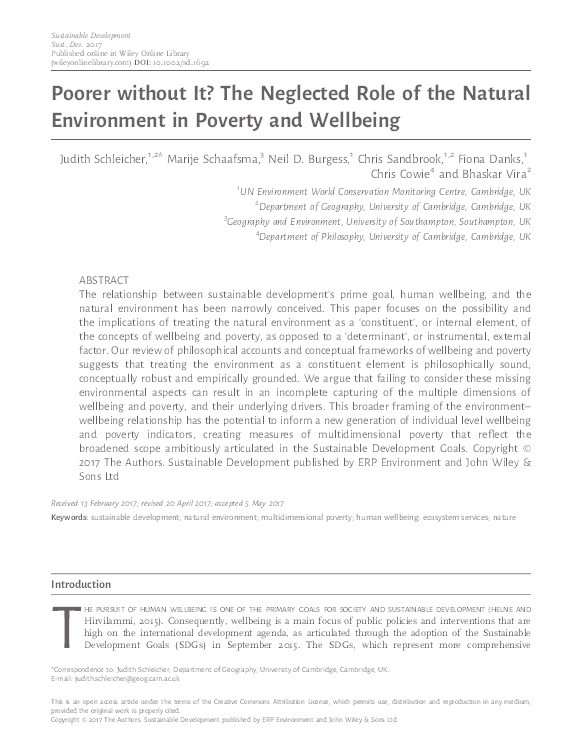 Poorer without It? The Neglected Role of the Natural Environment in Poverty and Wellbeing Thumbnail