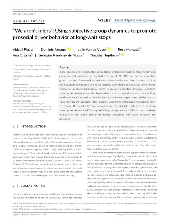 “We aren’t idlers”: Using subjective group dynamics to promote prosocial driver behavior at long‐wait stops Thumbnail