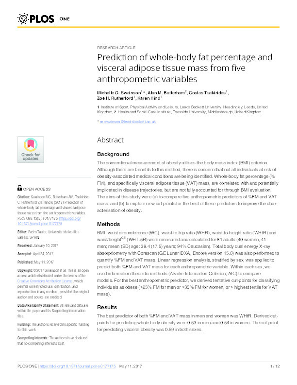 Prediction of whole-body fat percentage and visceral adipose tissue mass from five anthropometric variables Thumbnail