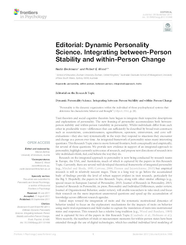 Editorial: Dynamic personality science: Integrating between-person stability and within-person change Thumbnail