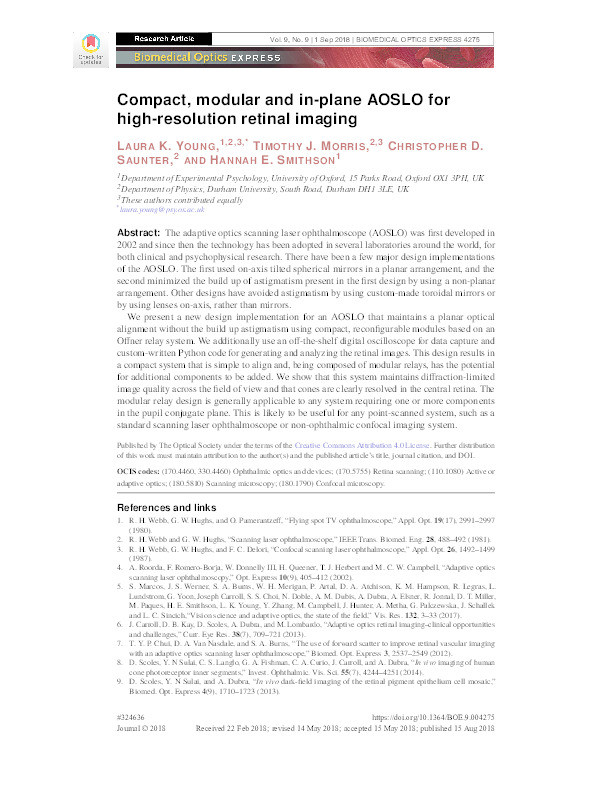 Compact, modular and in-plane AOSLO for high-resolution retinal imaging Thumbnail