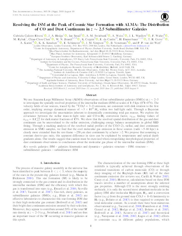 Resolving the ISM at the Peak of Cosmic Star Formation with ALMA: The Distribution of CO and Dust Continuum in z ∼ 2.5 Submillimeter Galaxies Thumbnail