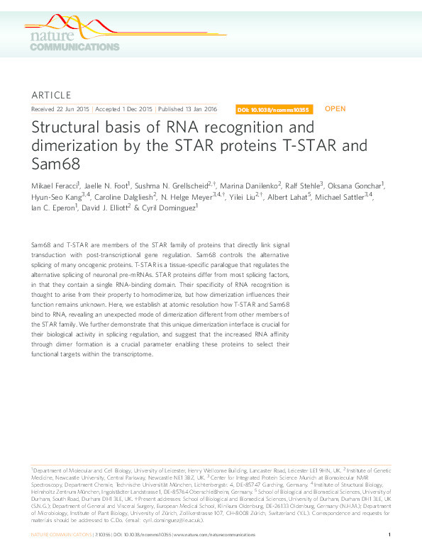 Structural basis of RNA recognition and dimerization by the STAR proteins T-STAR and Sam68 Thumbnail