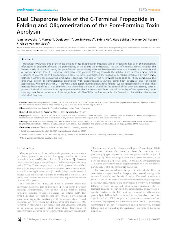 Dual chaperone role of the c-terminal propeptide in folding and oligomerization of the pore-forming toxin aerolysin Thumbnail