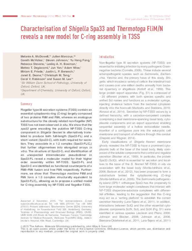 Characterisation of Shigella Spa33 and Thermotoga FliM/N reveals a new model for C-ring assembly in T3SS Thumbnail