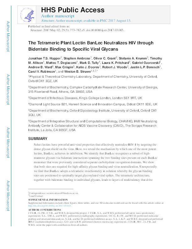 The Tetrameric Plant Lectin BanLec Neutralizes HIV through Bidentate Binding to Specific Viral Glycans Thumbnail