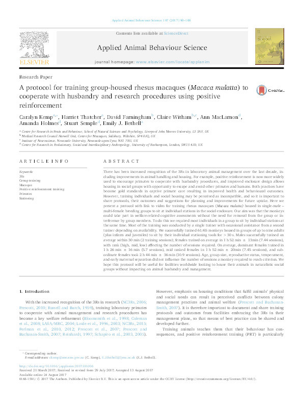 A protocol for training group-housed rhesus macaques (Macaca mulatta) to cooperate with husbandry and research procedures using positive reinforcement Thumbnail