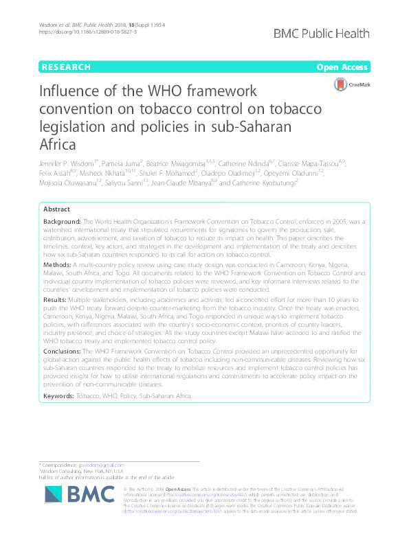 Influence of the WHO framework convention on tobacco control on tobacco legislation and policies in sub-Saharan Africa Thumbnail