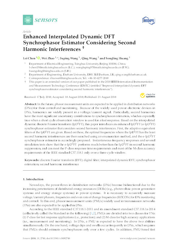Enhanced Interpolated Dynamic DFT Synchrophasor Estimator Considering Second Harmonic Interferences Thumbnail