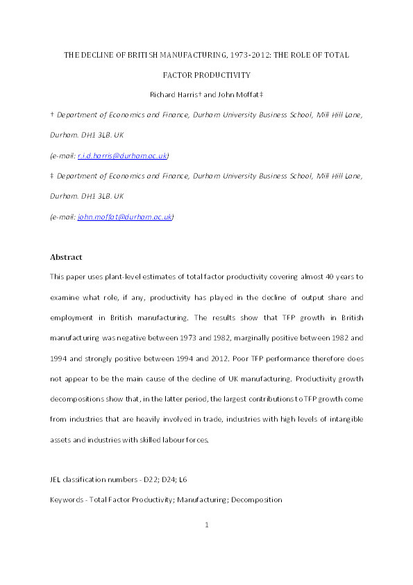 The Decline of British Manufacturing, 1973 - 2012: The role of total factor productivity Thumbnail