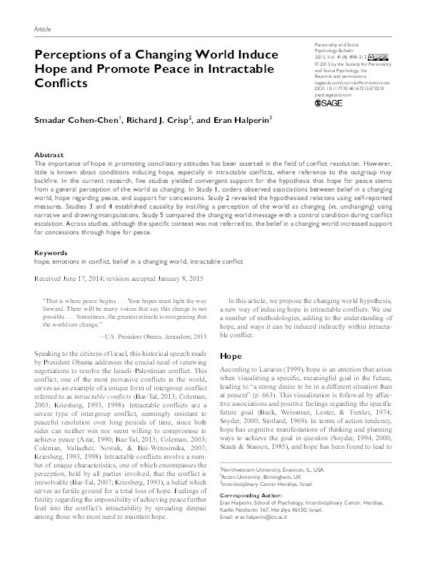 Perceptions of a Changing World Induce Hope and Promote Peace in Intractable Conflicts Thumbnail