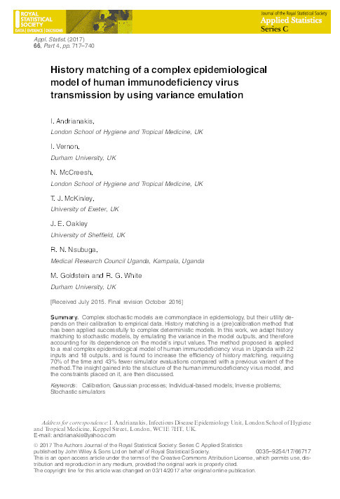 History matching of a complex epidemiological model of human immunodeficiency virus transmission by using variance emulation Thumbnail