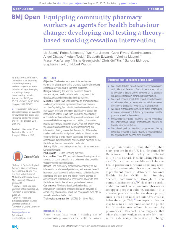 Equipping community pharmacy workers as agents for health behaviour change: developing and testing a theory-based smoking cessation intervention Thumbnail