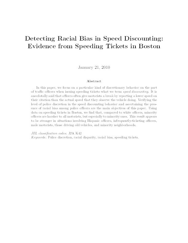 Detecting racial bias in speed discounting: Evidence from speeding tickets in Boston Thumbnail