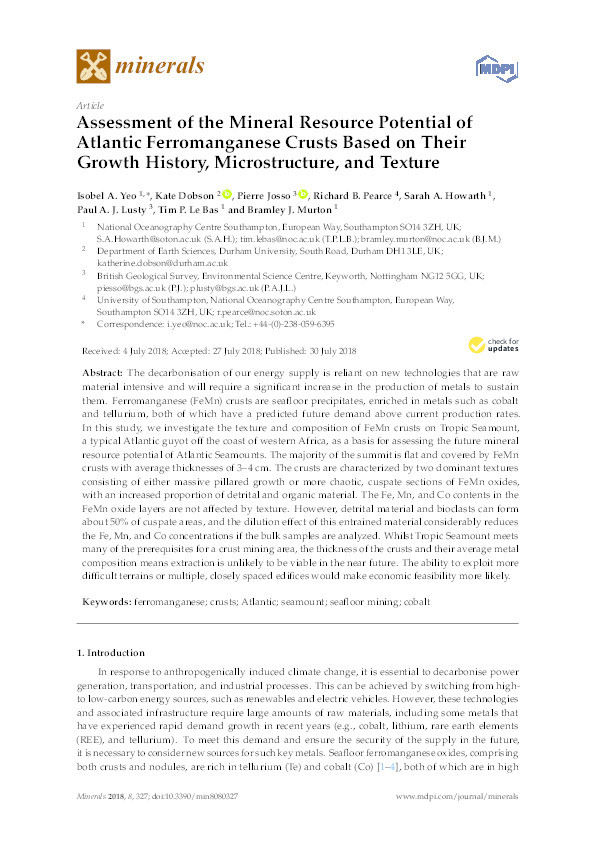 Assessment of the Mineral Resource Potential of Atlantic Ferromanganese Crusts Based on Their Growth History, Microstructure, and Texture Thumbnail