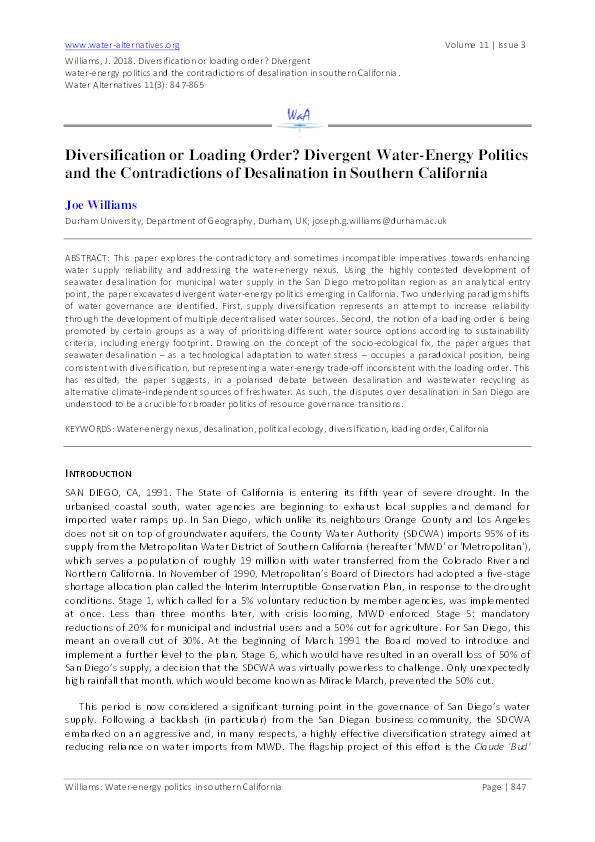 Diversification or loading order? Divergent water-energy politics and the contradictions of desalination in southern California Thumbnail