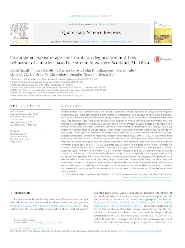 Cosmogenic exposure age constraints on deglaciation and flow behaviour of a marine-based ice stream in western Scotland, 21–16 ka Thumbnail