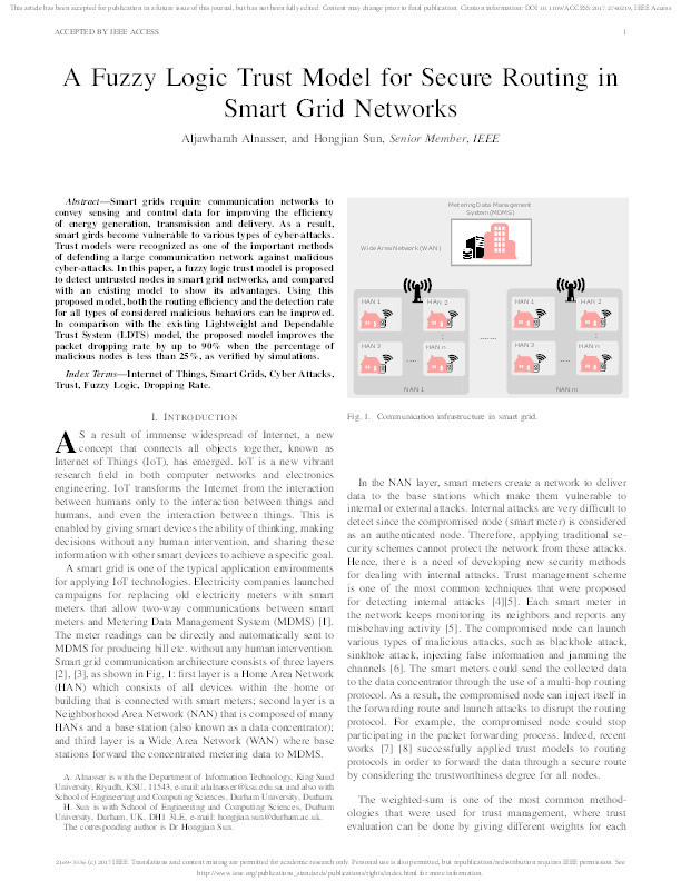 A Fuzzy Logic Trust Model for Secure Routing in Smart Grid Networks Thumbnail