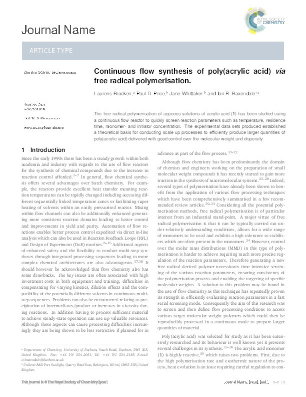 Continuous flow synthesis of poly(acrylic acid) via free radical polymerisation Thumbnail