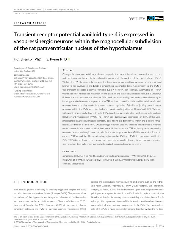 Transient receptor potential vanilloid type 4 is expressed in vasopressinergic neurons within the magnocellular subdivision of the rat paraventricular nucleus of the hypothalamus Thumbnail