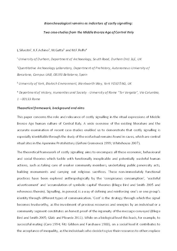 Bioarchaeological remains as indicators of costly signalling: two case studies from the Middle Bronze Age of Central Italy Thumbnail