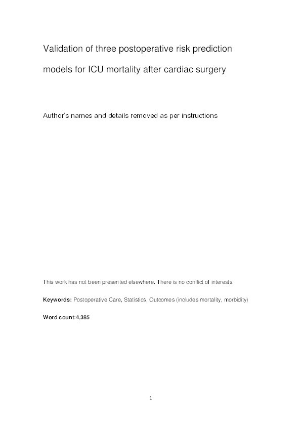 Validation of Three Postoperative Risk Prediction Models for Intensive Care Unit Mortality after Cardiac Surgery Thumbnail