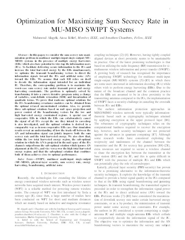 Optimization for Maximizing Sum Secrecy Rate in MU-MISO SWIPT Systems Thumbnail