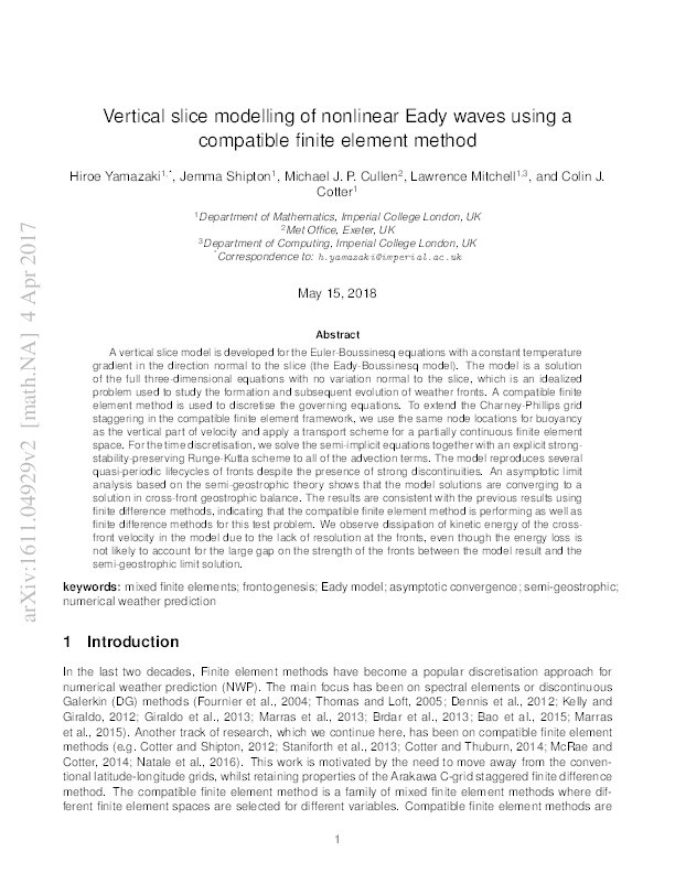 Vertical slice modelling of nonlinear Eady waves using a compatible finite element method Thumbnail