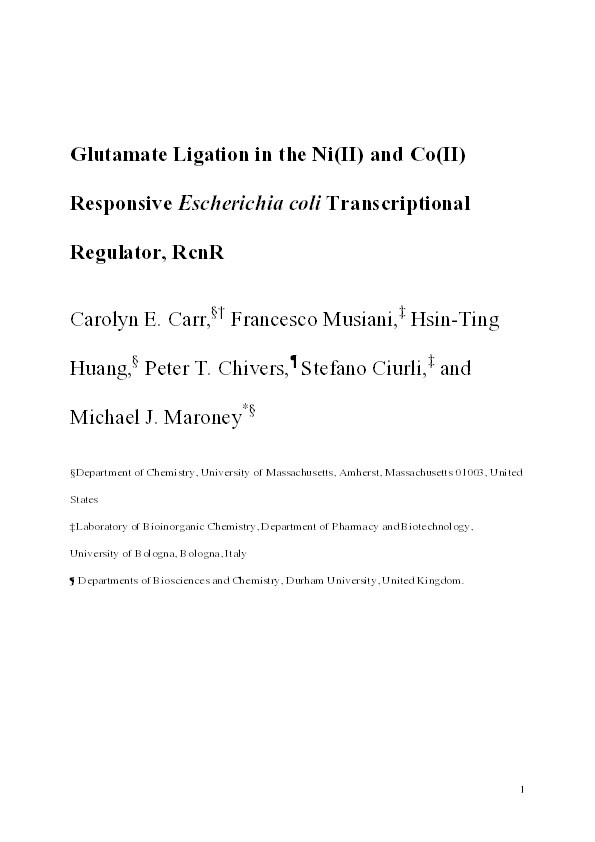 Glutamate Ligation in the Ni(II)- and Co(II)-Responsive Escherichia coli Transcriptional Regulator, RcnR Thumbnail