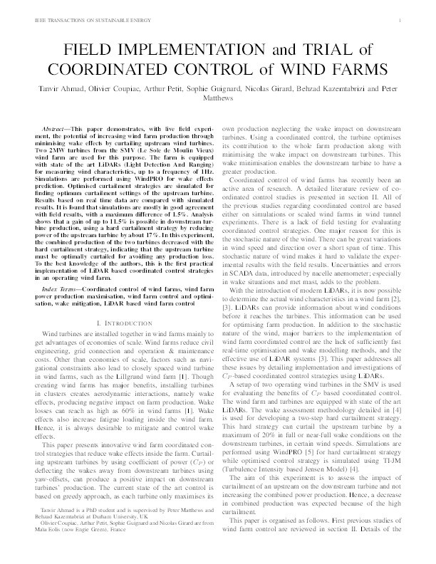 Field Implementation and Trial of Coordinated Control of Wind Farms Thumbnail
