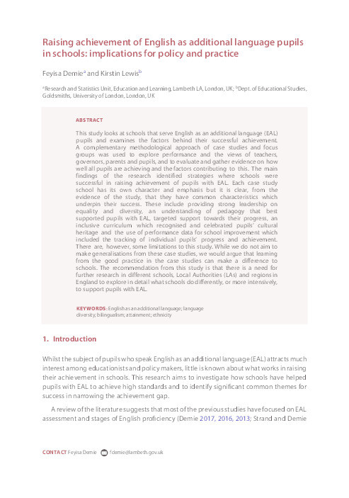 Raising achievement of English as additional language pupils in schools: implications for policy and practice Thumbnail