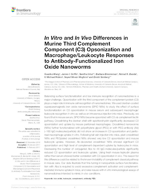 In Vitro and In Vivo Differences in Murine Third Complement Component (C3) Opsonization and Macrophage/Leukocyte Responses to Antibody-Functionalized Iron Oxide Nanoworms Thumbnail