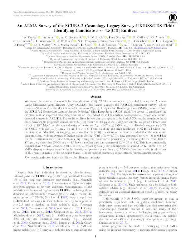 An ALMA Survey of the SCUBA-2 Cosmology Legacy Survey UKIDSS/UDS Field: Identifying Candidate z ∼ 4.5 [C II] Emitters Thumbnail