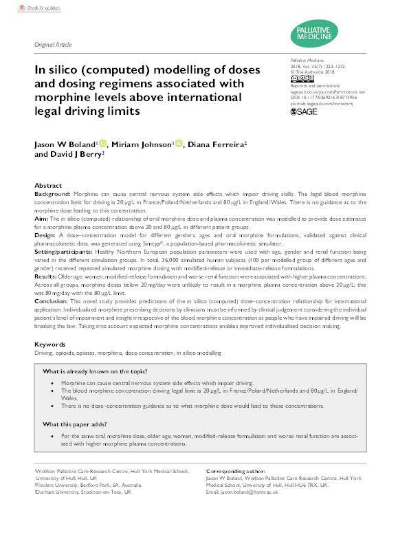 In silico (computed) modelling of doses and dosing regimens associated with morphine levels above international legal driving limits Thumbnail