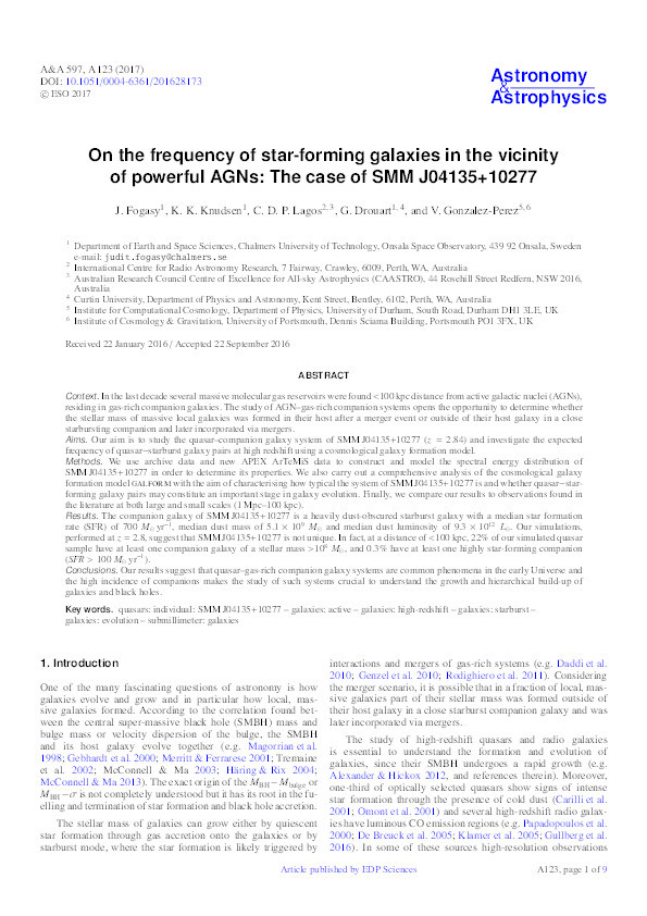 On the frequency of star-forming galaxies in the vicinity of powerful AGNs: The case of SMM J04135+10277 Thumbnail