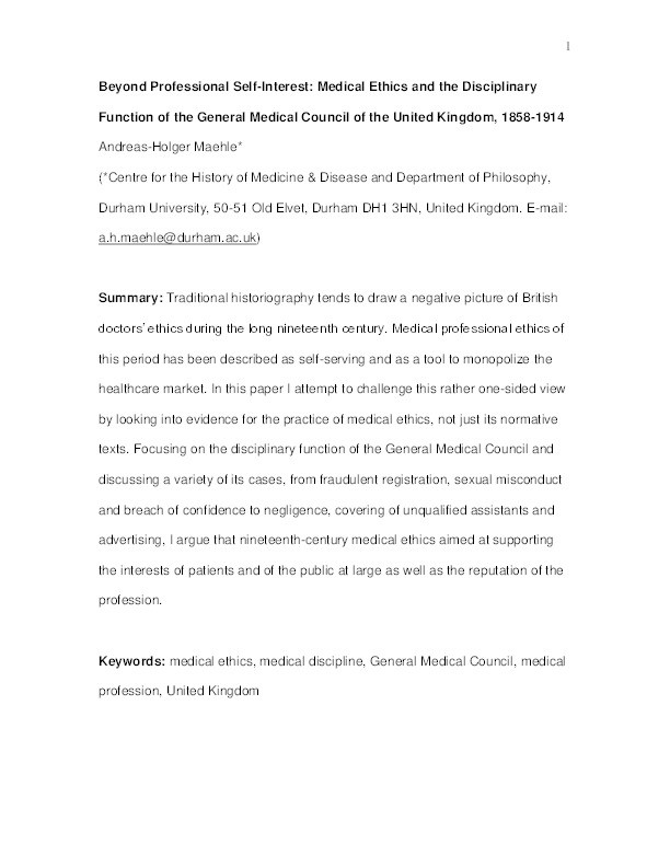 Beyond Professional Self-Interest: Medical Ethics and the Disciplinary Function of the General Medical Council of the United Kingdom, 1858-1914 Thumbnail