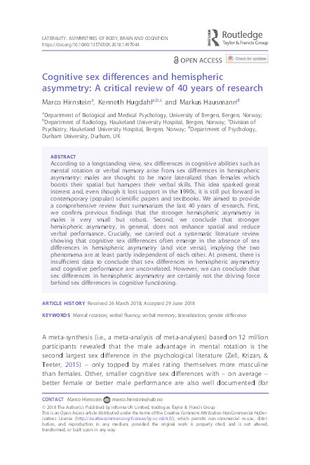 Cognitive sex differences and hemispheric asymmetry: A critical review of 40 years of research Thumbnail