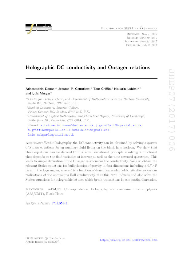 Holographic DC conductivity and Onsager relations Thumbnail