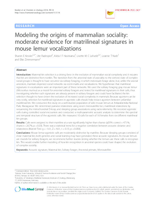 Modeling the origins of mammalian sociality: moderate evidence for matrilineal signatures in mouse lemur vocalizations Thumbnail