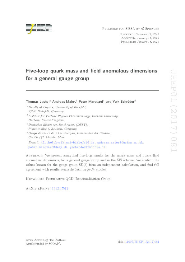 Five-loop quark mass and field anomalous dimensions for a general gauge group Thumbnail