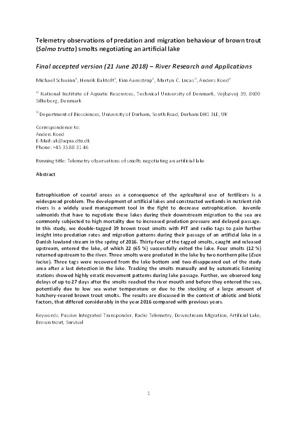 Telemetry observations of predation and migration behaviour of brown trout (Salmo trutta) smolts negotiating an artificial lake Thumbnail