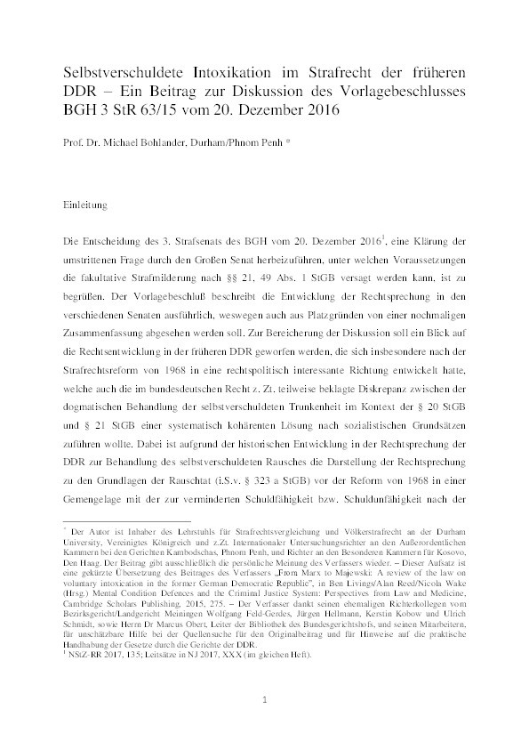 Selbstverschuldete Intoxikation im Strafrecht der früheren DDR – Ein Beitrag zur Diskussion des Vorlagebeschlusses BGH 3 StR 63/15 vom 20. Dezember 2016 Thumbnail